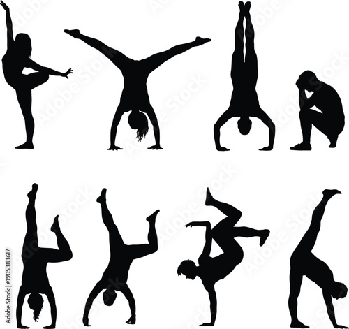 Gymnastics and yoga silhouette poses, athletic people performing handstand balance exercises isolated on white background, fitness sport flat vector illustration