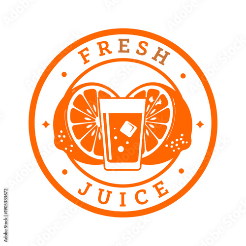 A vibrant orange circular logo featuring a glass of fresh juice with ice cubes, set against a backdrop of two halves of an orange.