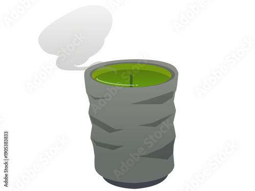 Illustration of Japanese tea with tea leaves standing and steam rising