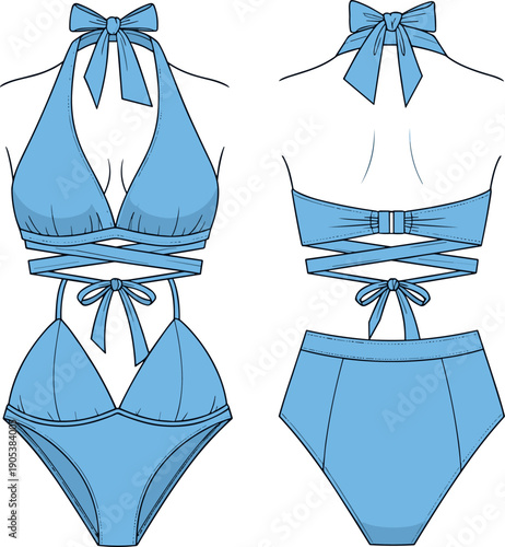 Blue bikini swimsuit technical fashion illustration, front and back view apparel template, swimwear mockup vector, beachwear design, summer clothing flat sketch