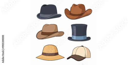 Cartoon hats male and female headwear flat vector illustration set
