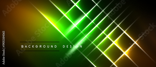 Abstract neon lines create vibrant geometric pattern. Dark background emphasizes glowing green, yellow gradients. Modern design element.