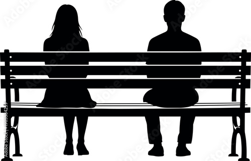 Couple sitting apart on park bench silhouette vector illustration, man and woman back view, relationship distance concept, black isolated graphic design