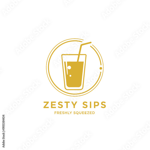 Golden Zesty Sips logo featuring a glass of juice with a straw inside a double circular frame, promoting freshly squeezed beverages.