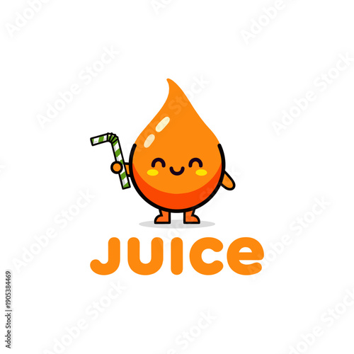 Cute cartoon orange juice drop character holding a striped straw, smiling happily with the word 'juice' written below.