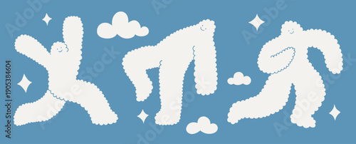 Illustration of white clouds on light blue background. Human or yeti bigfoot dancing character, cloud shape mascot. Cloud dancer and blue colors.  Print for kids, banner design. Cute simple funny art.
