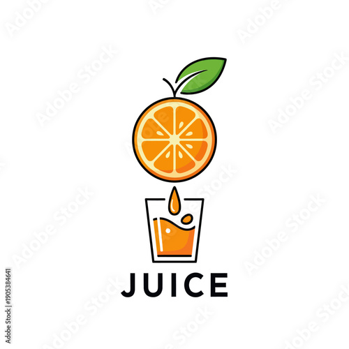 A vibrant graphic illustration of a halved orange with a single drop of juice falling into a clear glass, featuring the word 'JUICE' below.