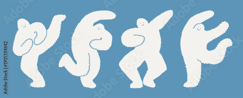 Illustration of white clouds on light blue background. Human or yeti bigfoot dancing character, cloud shape smiling mascot. Cloud dancer and blue colors.  Print for kids, banner design. Cute simple.