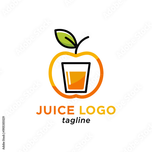Modern minimalist juice logo design featuring an orange apple outline with a green leaf and a glass of fresh orange juice inside, ideal for beverage brands.