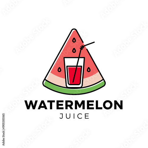 A minimalist graphic logo featuring a triangular slice of watermelon with a glass of red juice and a straw inside, accompanied by the text 'WATERMELON JUICE'.
