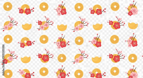 Chinese New Year Pattern with Gold Coins and Cherry Blossoms
