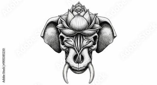 Detailed black and white drawing of a mythical tiger with a decorative floral headdress and tribal elements for artistic and cultural themes