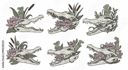Collection of detailed reptile illustrations showcasing various poses and textures for wildlife nature and zoology themed projects and educational