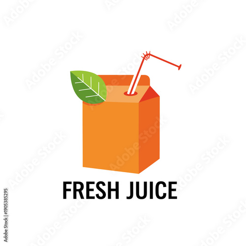 Graphic illustration of an orange juice carton with a straw and a green leaf, labeled 'FRESH JUICE' on a white background.