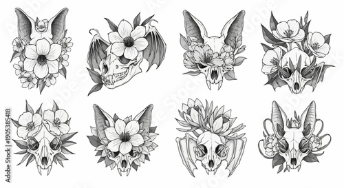 Collection of detailed floral and animal themed illustrations featuring flowers leaves insects and a fox for creative projects