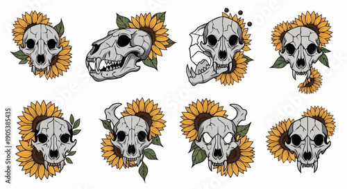 Set of decorative skull illustrations featuring floral and geometric elements with a mix of animal and fantasy motifs suitable for creative projects