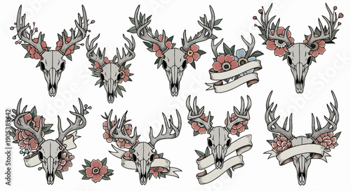 Set of decorative reindeer head silhouettes with floral accents and holiday themed elements for seasonal designs and festive projects