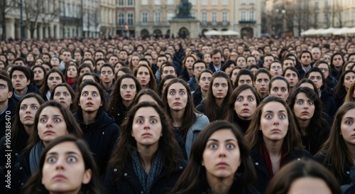 Overwhelmed crowd looking up with shocked expression