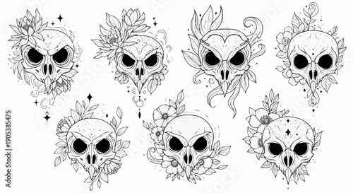 Set of Halloween themed skull illustrations with decorative elements and intricate patterns for festive design projects