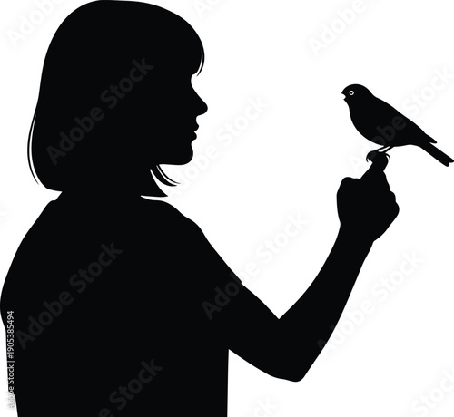 Minimalist Black Silhouette of a Young Woman Profile with a Small Bird Perched on Her Finger Isolated on White Background for Nature Concept Design