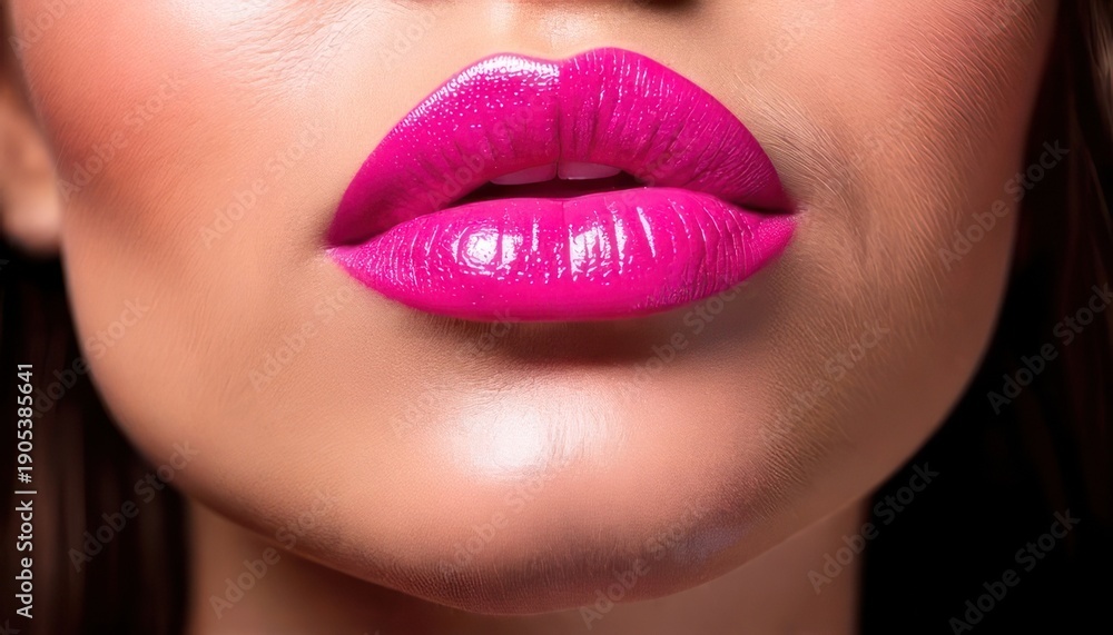 Fototapeta premium Close-up of a womans face with vibrant pink lipstick, glossy and smooth.