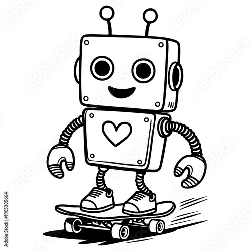Cute Robot Skateboarding Line Art