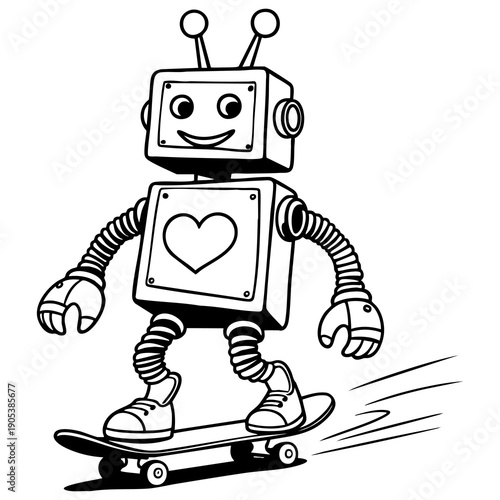 Robot Skateboard Line Art Illustration