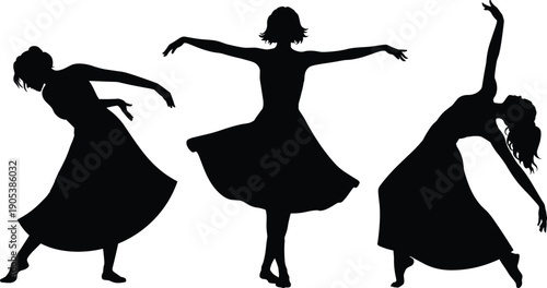 Modern dance silhouette women, graceful contemporary ballet poses, expressive female dancers movement isolated on white background, flat vector illustration