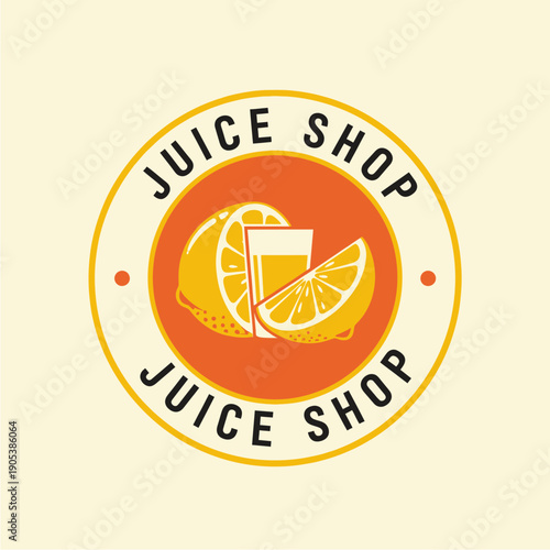 A circular vintage-style logo for a juice shop featuring a whole lemon, a lemon slice, and a glass of fresh juice on an orange background with 'JUICE SHOP' text.