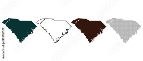 South Carolina State Map Outlines in Four Different Styles