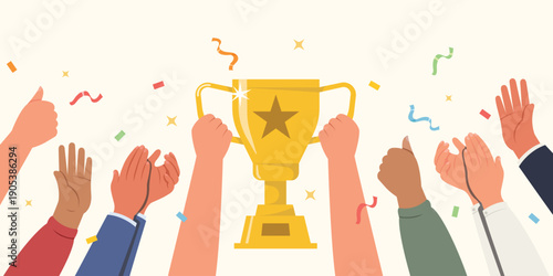 Group of people celebration with championship and holding gold trophy cup. celebration of gold trophy cup and medals vector illustration.