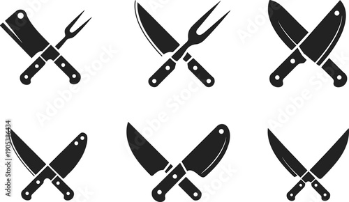 Crossed kitchen knife and fork silhouette vector set, butcher chef cutlery icons, restaurant cooking symbols, black graphic elements isolated