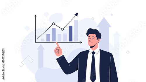 Businessman points to upward trending financial graph, illustrating growth and success