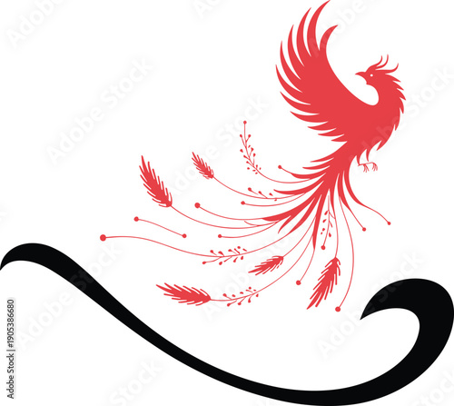 Red phoenix bird flying with decorative feather tail and black swirl ornament mythical firebird vector illustration for fantasy logo design or creative branding