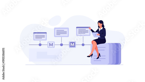 Businesswoman analyzing workflow on a digital board, project management concept