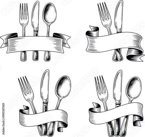 Vintage cutlery ribbon banner vector set, hand drawn fork knife spoon illustration, restaurant logo emblem design, isolated on white