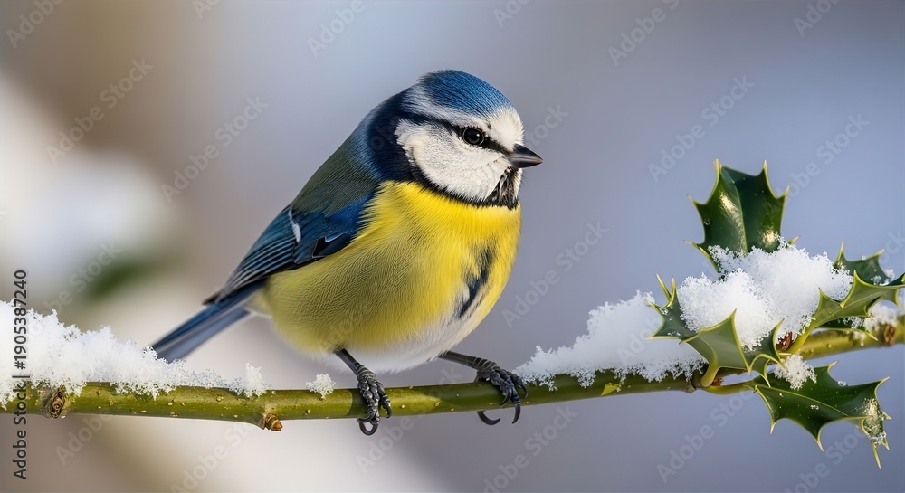 Fototapeta premium Blue Tit on Snowy Holly Branch