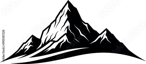 Mountain landscape silhouette vector logo, alpine peak illustration, nature adventure emblem, minimalist black mountain graphic isolated for outdoor branding and design