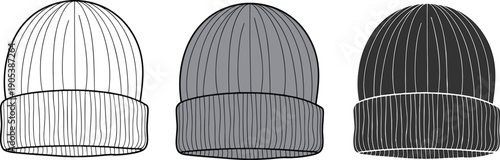 Knit beanie hat vector set, winter wool cap illustrations in outline and solid styles, casual headwear design, isolated on white