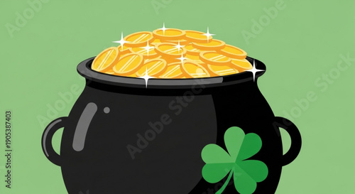 Black cauldron filled with gold coins and a shamrock on st patrick's day with green background