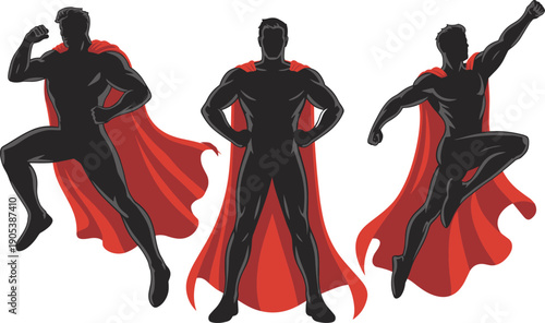 Superhero character vector set, muscular hero poses with flowing red cape, comic style action illustration, strength power concept isolated