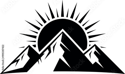 Mountain sunrise silhouette vector illustration, alpine peak logo with sun rays, minimalist outdoor adventure emblem, abstract nature landscape graphic design icon
