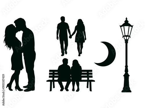 Romantic couple silhouettes with moon and lamp