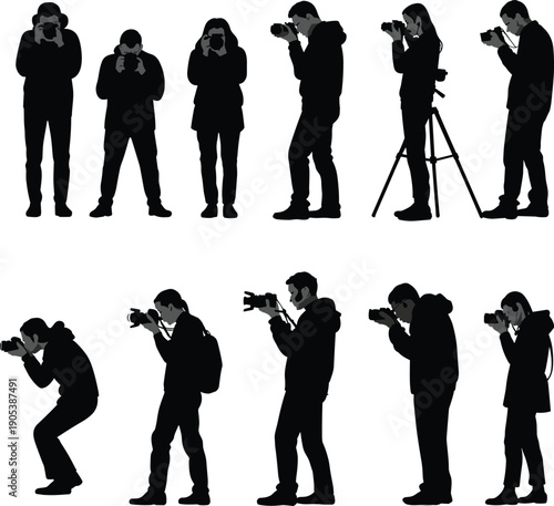 Photographer silhouettes collection, professional people shooting photos with cameras, studio and outdoor photography poses, media work concept, black isolated flat vector illustration