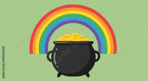 Black cauldron filled with gold coins under a vibrant rainbow on green background symbolizing good luck and fortune