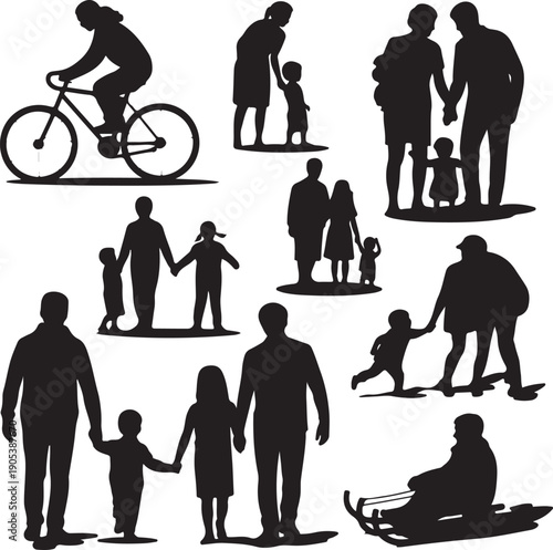 black silhouettes of people and a bicycle on white background