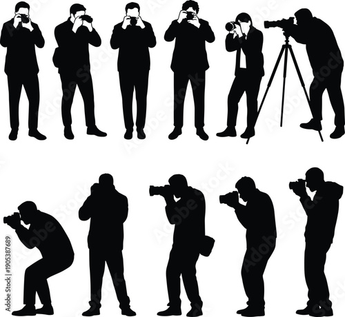 Photographer silhouettes set, professional camera operators shooting photos, photojournalism media work poses, creative photography concept, black isolated flat vector illustration