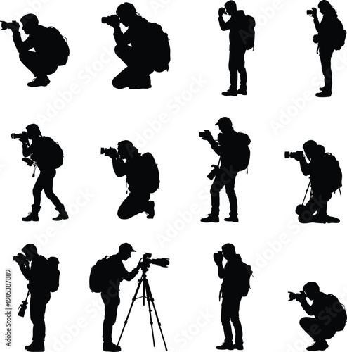 Professional photographer silhouettes set, camera shooting poses, standing kneeling actions, outdoor photojournalism concept, isolated black figures, flat vector illustration