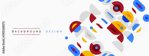 Abstract geometric shapes overlap, creating vibrant background. Colors include red, blue, yellow, gray. Minimalist design feels modern, clean.