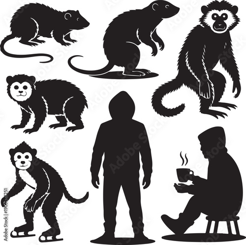 black silhouettes of people and animals on white background